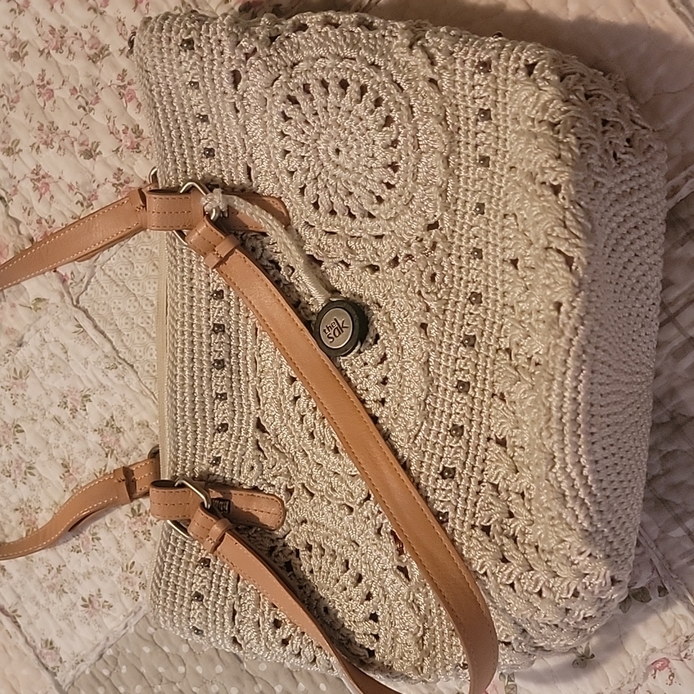 The Sak Cream Crochet Crossbody Bag with Leather Straps